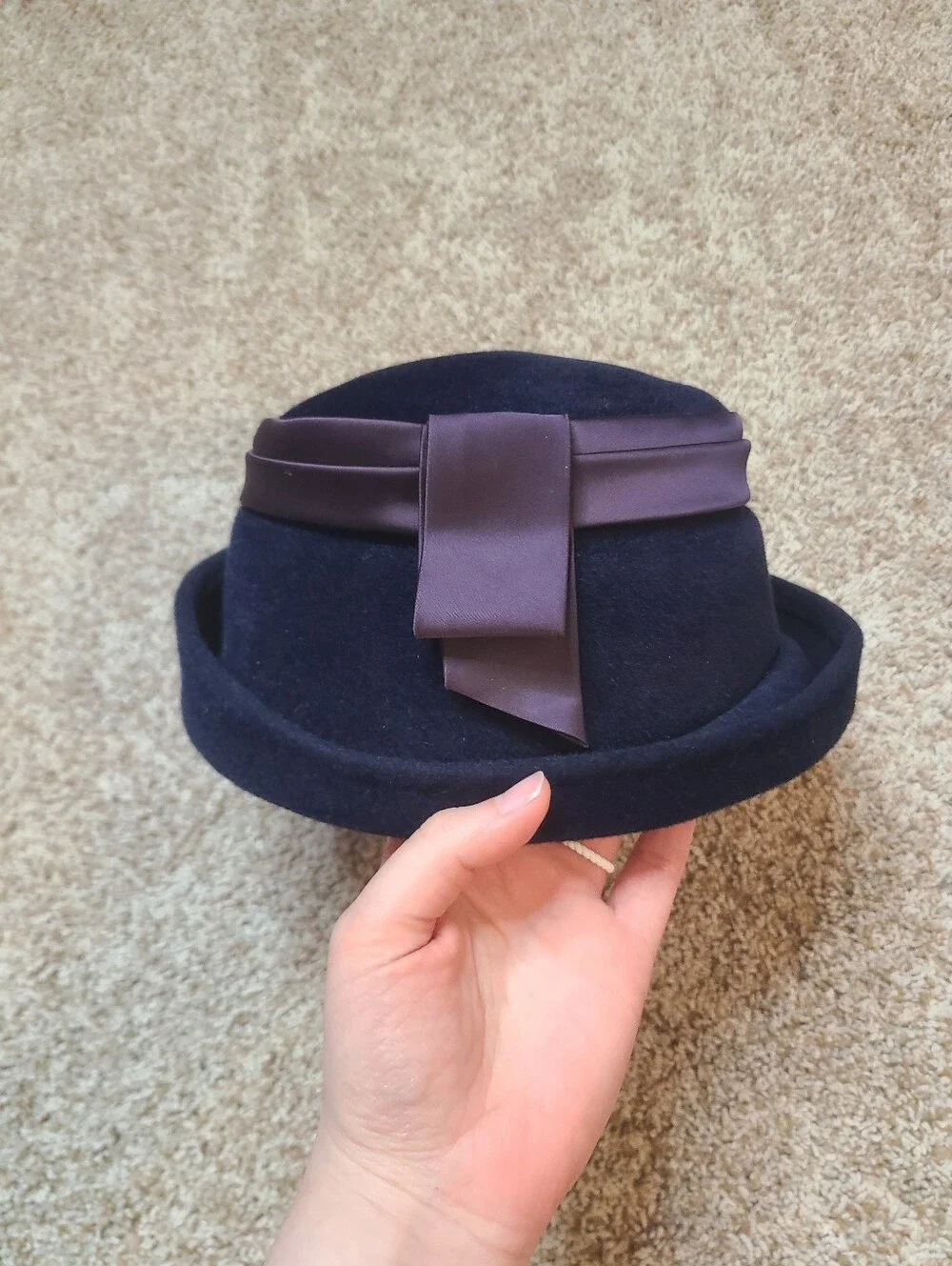 Vintage Fur Felt Velour Hat With Satin Ribbon 1950s 1960s Union Made